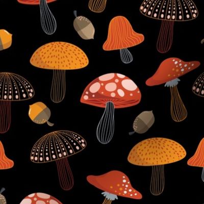 MUSHROOM Fabric Pattern, Cute Mushrooms Pattern, Wonderland Woodland Hippie Trippy on Black Background