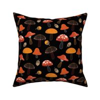 MUSHROOM Fabric Pattern, Cute Mushrooms Pattern, Wonderland Woodland Hippie Trippy on Black Background