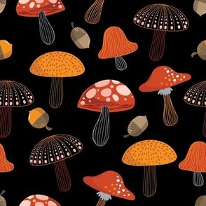 MUSHROOM Fabric Pattern, Cute Mushrooms Pattern, Wonderland Woodland Hippie Trippy on Black Background