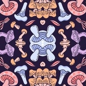 MUSHROOM Fabric Pattern, Cute Mushrooms Pattern, Wonderland Woodland Hippie Trippy on Dark Background