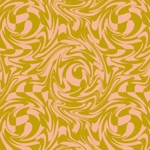 MINI Retro swirls fabric - 70s design avocado green and pink 4in