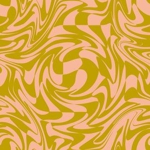 SMALL Retro swirls fabric - 70s design avocado green and pink 6in