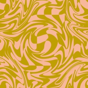 LARGE Retro swirls fabric - 70s design avocado green and pink 10in