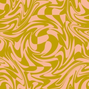 XLARGE Retro swirls fabric - 70s design avocado green and pink 12in