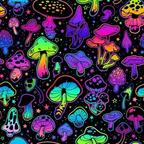 MUSHROOM Fabric Pattern, Neon Bright Colors, Fungi