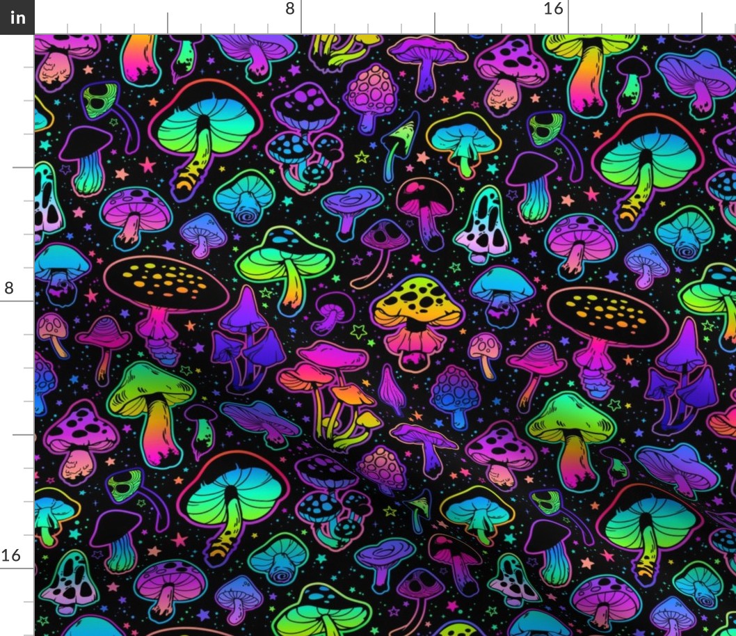 MUSHROOM Fabric Pattern, Neon Bright Colors, Fungi