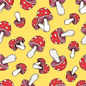 MUSHROOM Fabric Pattern, Red and White Mushrooms on Yellow Background