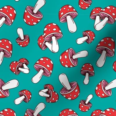 MUSHROOM Fabric Pattern, Red and White Mushrooms on Teal Background