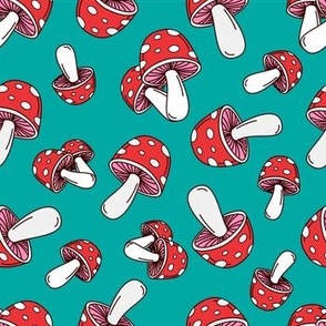 MUSHROOM Fabric Pattern, Red and White Mushrooms on Teal Background