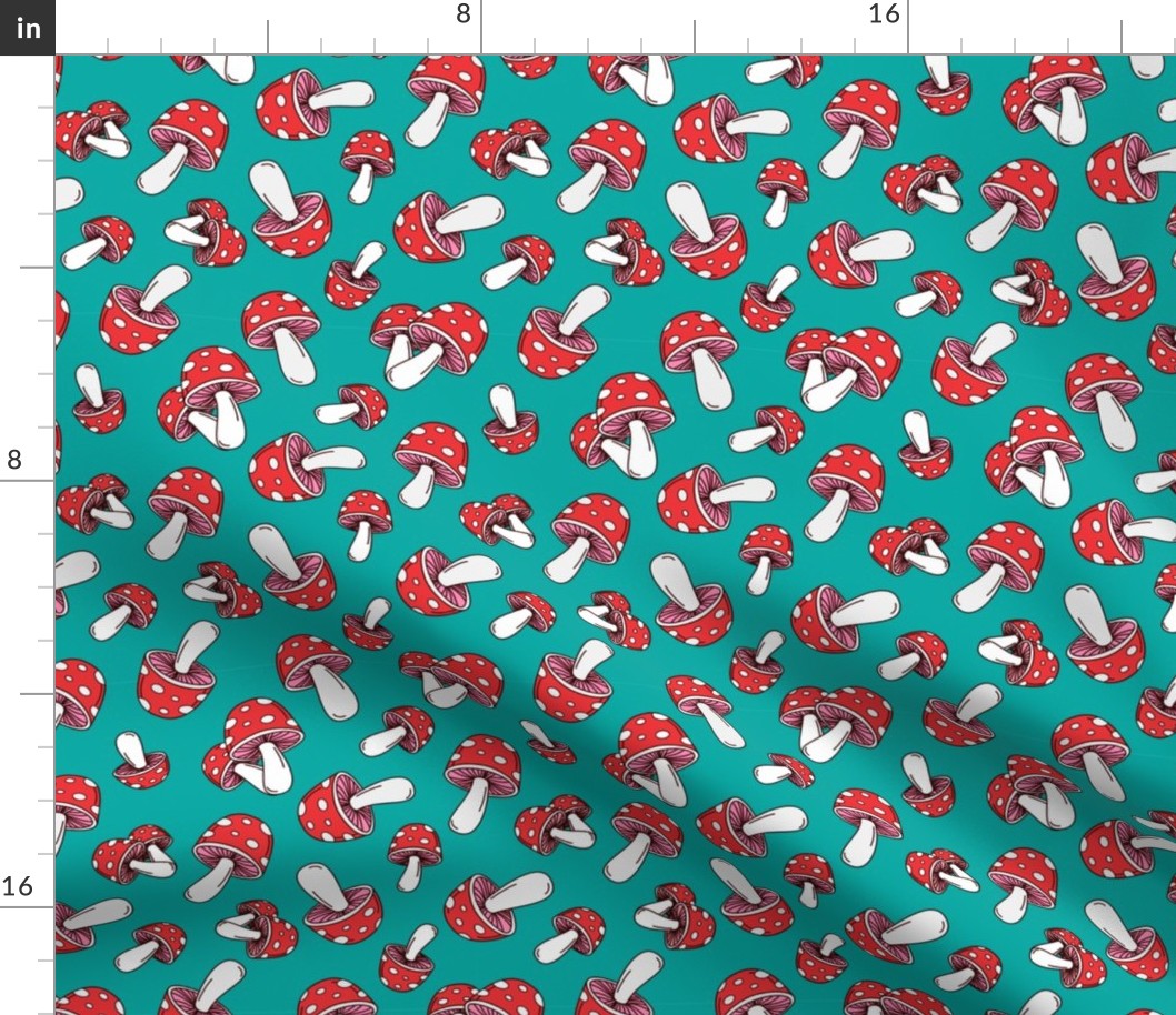 MUSHROOM Fabric Pattern, Red and White Mushrooms on Teal Background