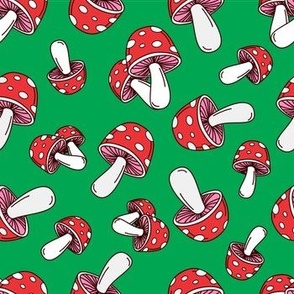 MUSHROOM Fabric Pattern, Red and White Mushrooms on Green Background