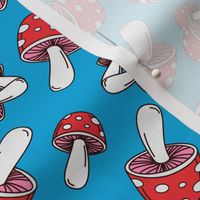 MUSHROOM Fabric Pattern, Red and White Mushrooms on Blue Background