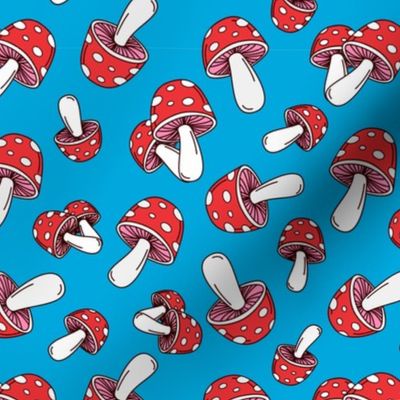 MUSHROOM Fabric Pattern, Red and White Mushrooms on Blue Background