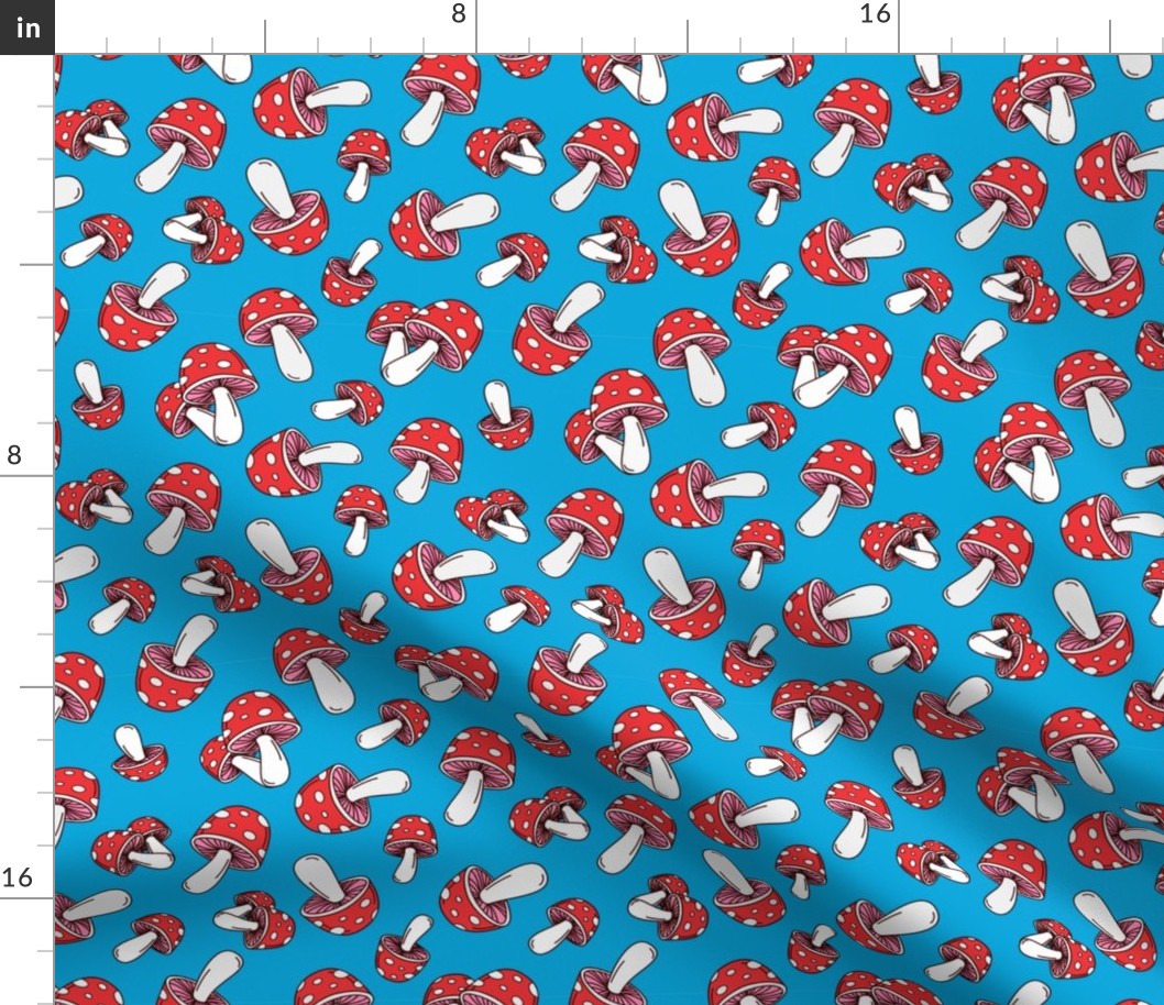 MUSHROOM Fabric Pattern, Red and White Mushrooms on Blue Background