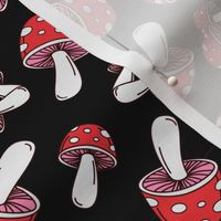 MUSHROOM Fabric Pattern, Red and White Mushrooms on Black Background