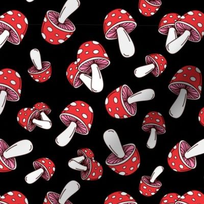 MUSHROOM Fabric Pattern, Red and White Mushrooms on Black Background