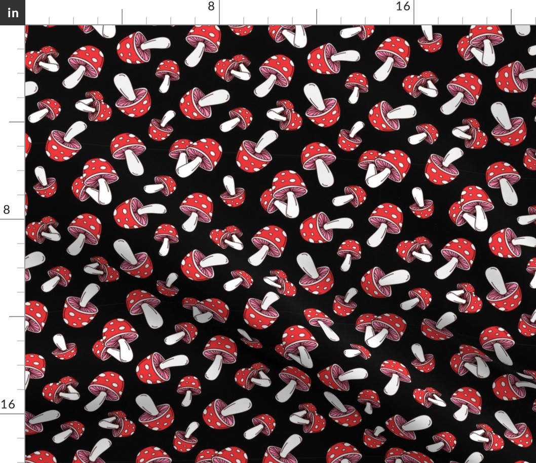 MUSHROOM Fabric Pattern, Red and White Mushrooms on Black Background