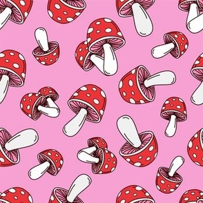 MUSHROOM Fabric Pattern, Red and White Mushrooms on Pink Background