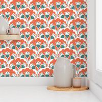 floral pattern, orange-red and emerald green, medium   