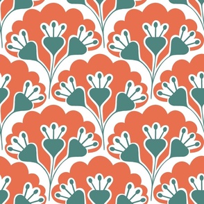 floral pattern, orange-red and emerald green, medium   