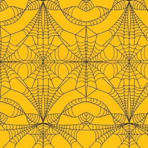 Midnight Black Cobweb Squash Yellow Damask Pattern Print