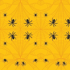 Cobweb with Midnight Black Spiders Squash Yellow Damask Pattern Print