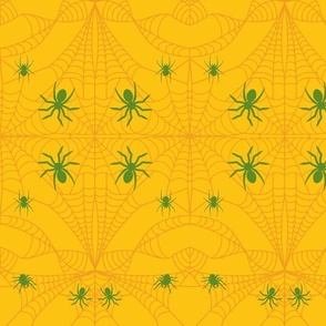 Cobweb with Ghoulish Green Spiders Squash Yellow Damask Pattern Print