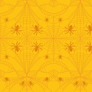 Cobweb with Spiders Squash Yellow Damask Pattern Print