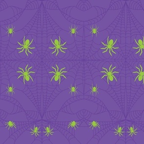 Cobweb with Ghoulish Green Spiders Mystic Purple Damask Pattern Print