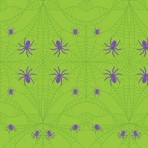 Cobweb with Mystic Purple Spiders Ghoulish Green Damask Pattern Print