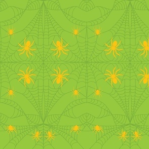 Cobweb with Squash Yellow Spiders Ghoulish Green Damask Pattern Print