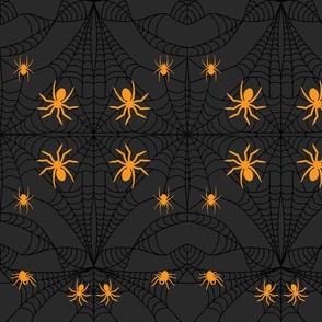 Cobweb with Pumpkin Orange Spiders Midnight Gray Damask Pattern Print