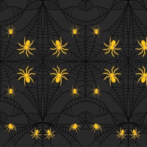 Cobweb with Squash Yellow Spiders Midnight Gray Damask Pattern Print