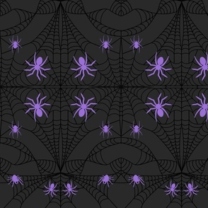 Cobweb with Mystic Purple Spiders Midnight Gray Damask Pattern Print