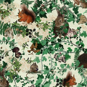 Medium scale whimsical hidden woodland animals with mushrooms, nuts and berries on a cream background 