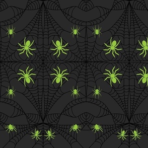 Cobweb with Ghoulish Green Spiders Midnight Gray Damask Pattern Print