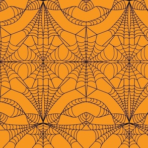 Midnight Black Cobweb Pumpkin Orange Damask Pattern Print