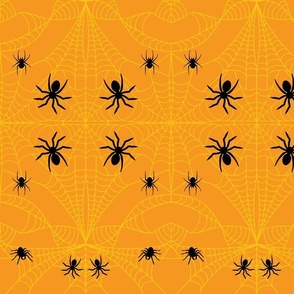 Squash Yellow Cobweb with Midnight Black Spiders Pumpkin Orange Damask Pattern Print