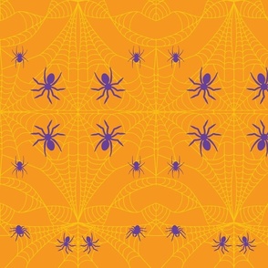 Mystic Purple Cobweb with Spiders Pumpkin Orange Damask Pattern Print