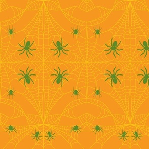 Squash Yellow Cobweb with Ghoulish Green Spiders Pumpkin Orange Damask Pattern Print