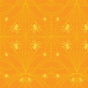 Squash Yellow Cobweb with Yellow Spiders Pumpkin Orange Damask Pattern Print