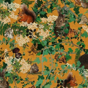 Medium scale whimsical hidden woodland animals with mushrooms, nuts and berries on a mustard yellow background 