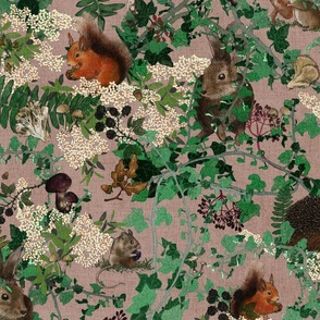 Medium scale whimsical hidden woodland animals with mushrooms, nuts and berries on a plum background 