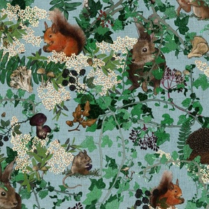 Medium scale whimsical hidden woodland animals with mushrooms, nuts and berries on a baby blue background 