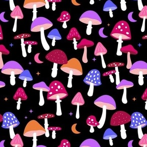 Magical forest psychedelic magic mushrooms moon and stars autumn garden retro style toadstool design nineties neon lilac pink red on black 