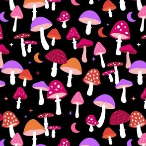 Magical forest psychedelic magic mushrooms moon and stars autumn garden retro style toadstool design nineties neon lilac orange red pink 
