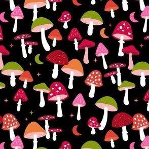Magical forest psychedelic magic mushrooms moon and stars autumn garden retro style toadstool design nineties neon lime green orange red pink  