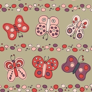 L | Cute Hand Drawn Spring Butterflies and Easter Egg Horizontal Stripe Dots on Pale Olive Green