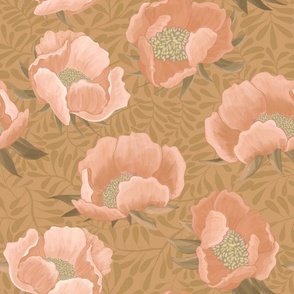 Warm beige hand-painted peonies with leaves in the earth-tone background.