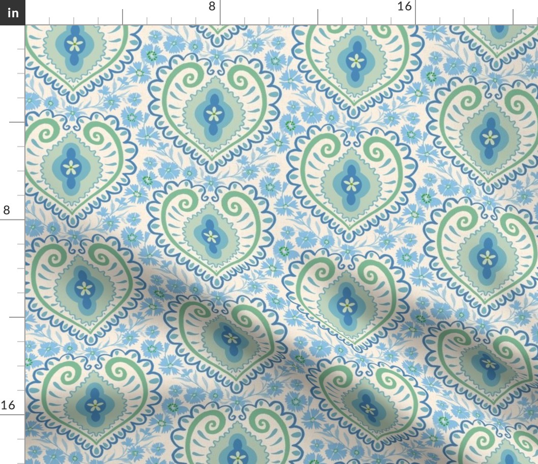 Blue and green heart scrolls with flowers -5.14”